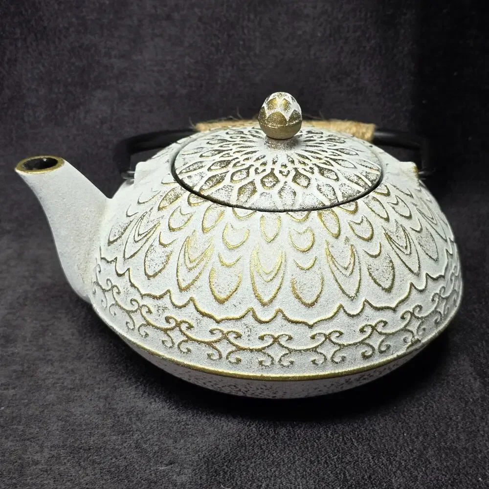 Vintage Colored Cast Iron Teapot Wicker Handle & Removable Infuser Tea Kettle